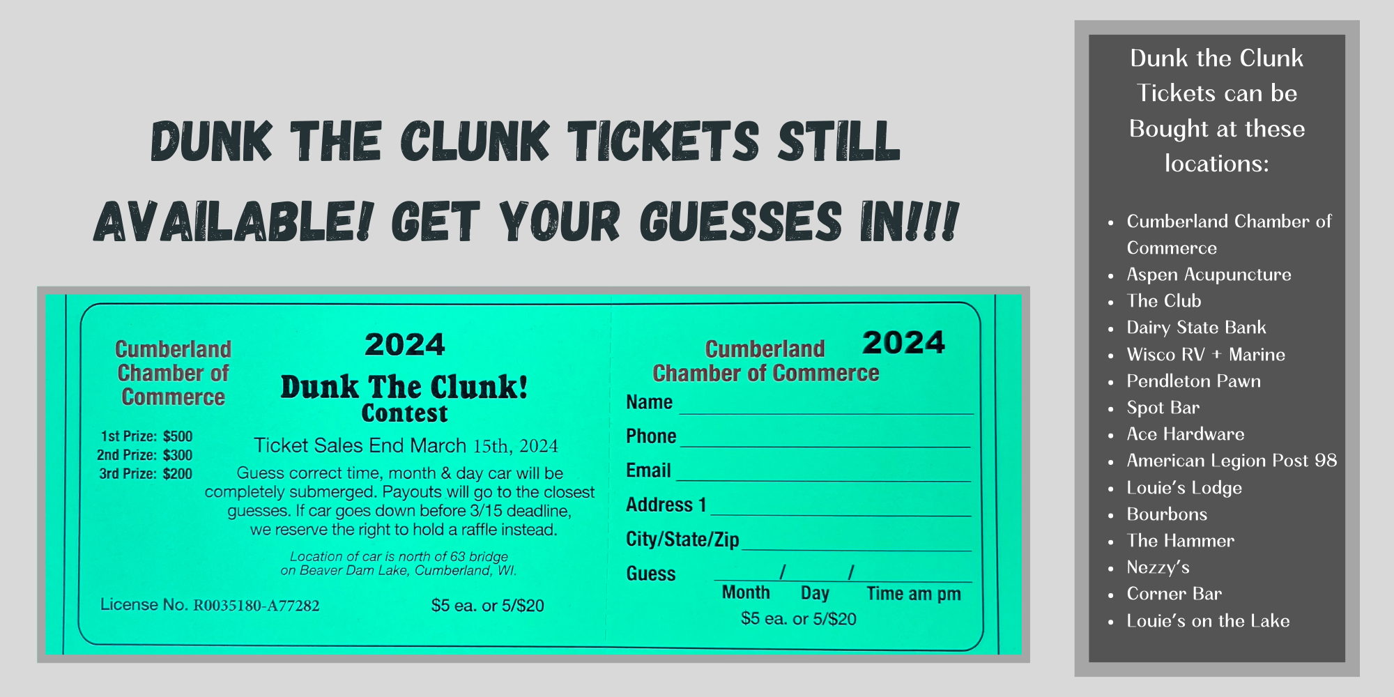 Dunk The Clunk Tickets still available! Get your guesses in!!!